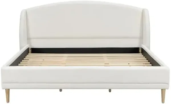 Christopher Knight Home Hazel California King Size Bed Frame, Upholstered Platform Bed, Soft Boucle Headboard, Wood Bed Support and Slats, Curved-Shaped Headboard California King Bed, 43.90" H White
