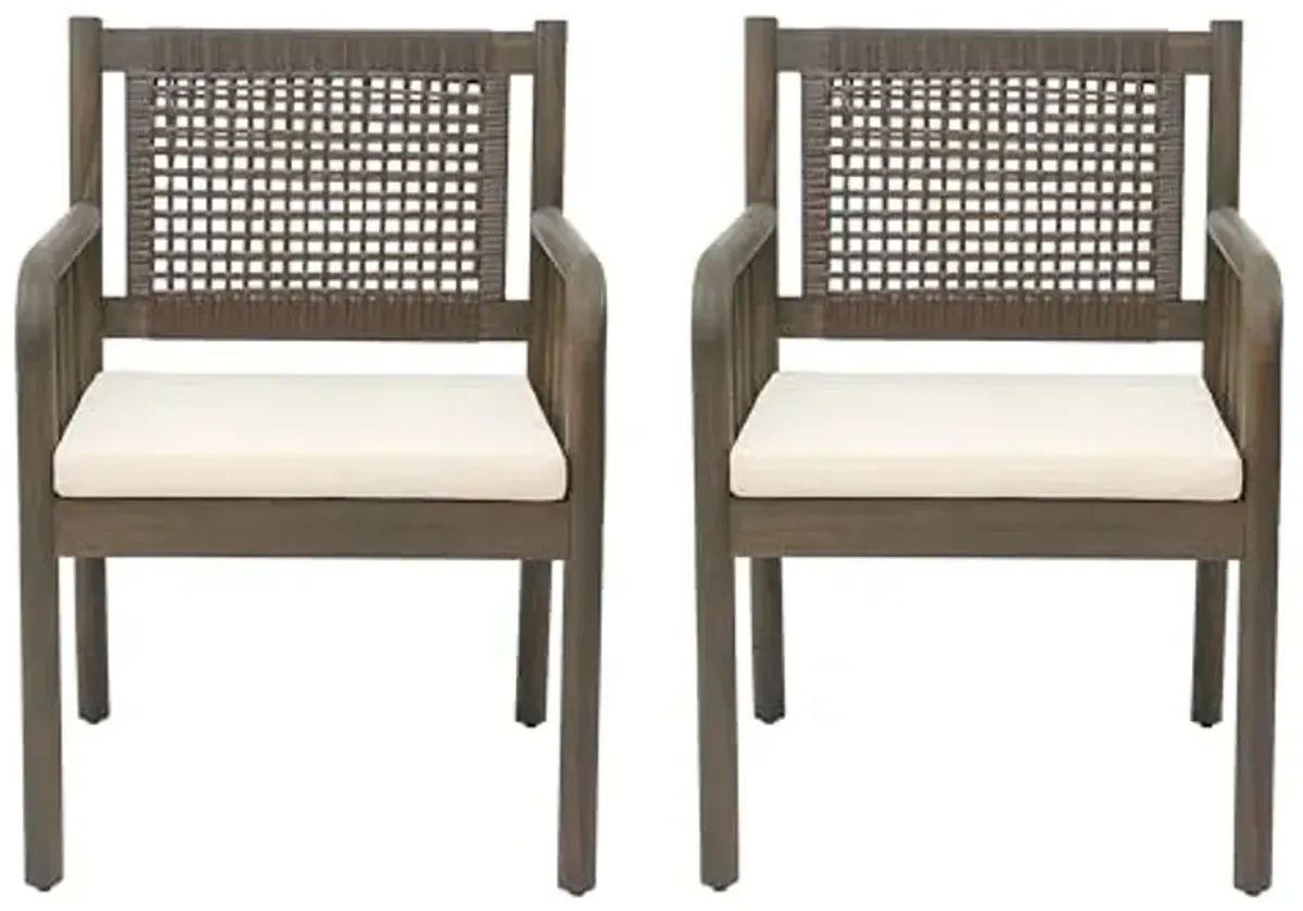 Christopher Knight Home Vera Outdoor Acacia Wood Dining Chairs, Rattan Woven Back Armchair, Armchair with Cushion Seat, Dining Chairs Set of 2, Patio Chair for Poolside Garden Balcony, Gray+Cream