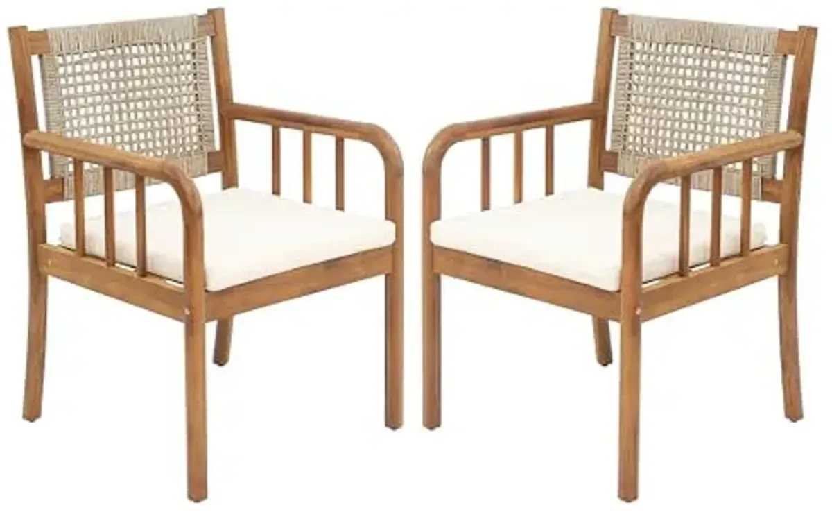 Christopher Knight Home Vera Outdoor Dining Chairs Set of 2, Acacia Wood Dining Chairs, Rattan Woven Back Armchair, Armchair with Cushion Seat, Patio Chair for Poolside Garden Balcony, Teak+Cream