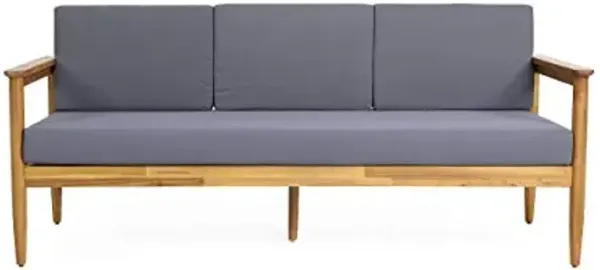 Christopher Knight Home Gaviaz Acacia Wood Outdoor 3 Seater Sofa, 76'' Modern Patio Couch with Water-Resistant Cushions and Open Slat Design for Garden Poolside Deck, Dark Gray