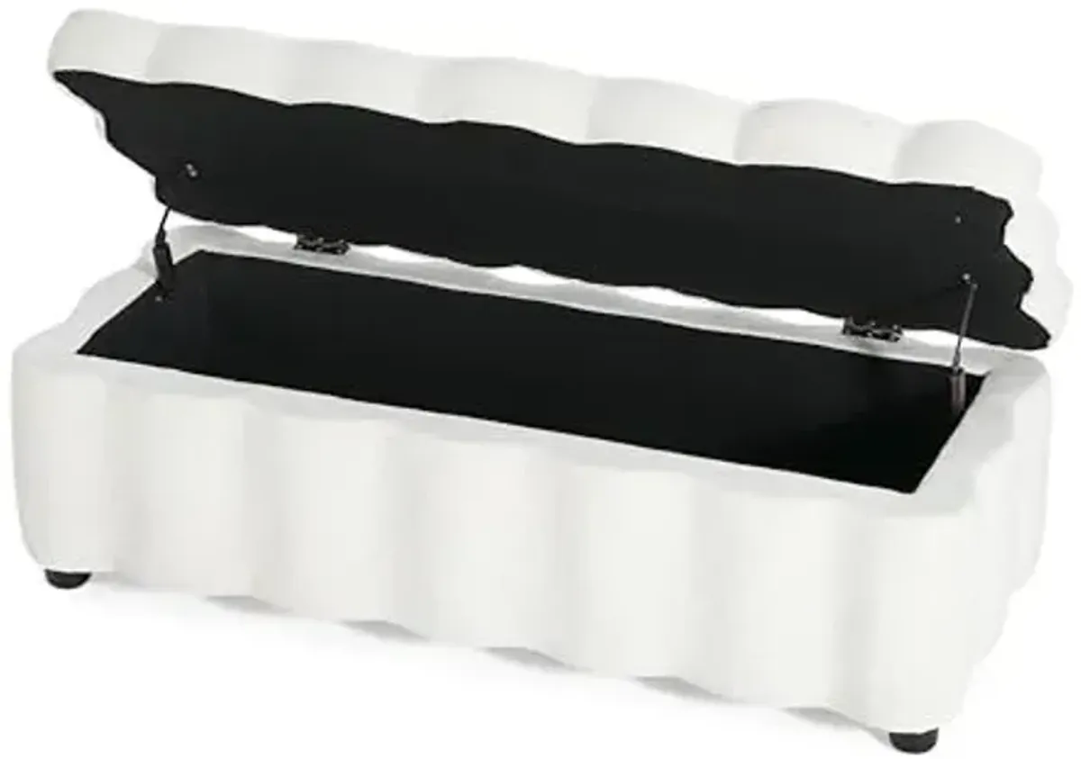 Christopher Knight Home Pean Living Room Ottoman with Storage, Fabric Upholstered Storage Ottoman Bench, Sofa Foot Stool with Wood Frame, Bedroom End of Bed Bench, Chic Scalloped Design, White