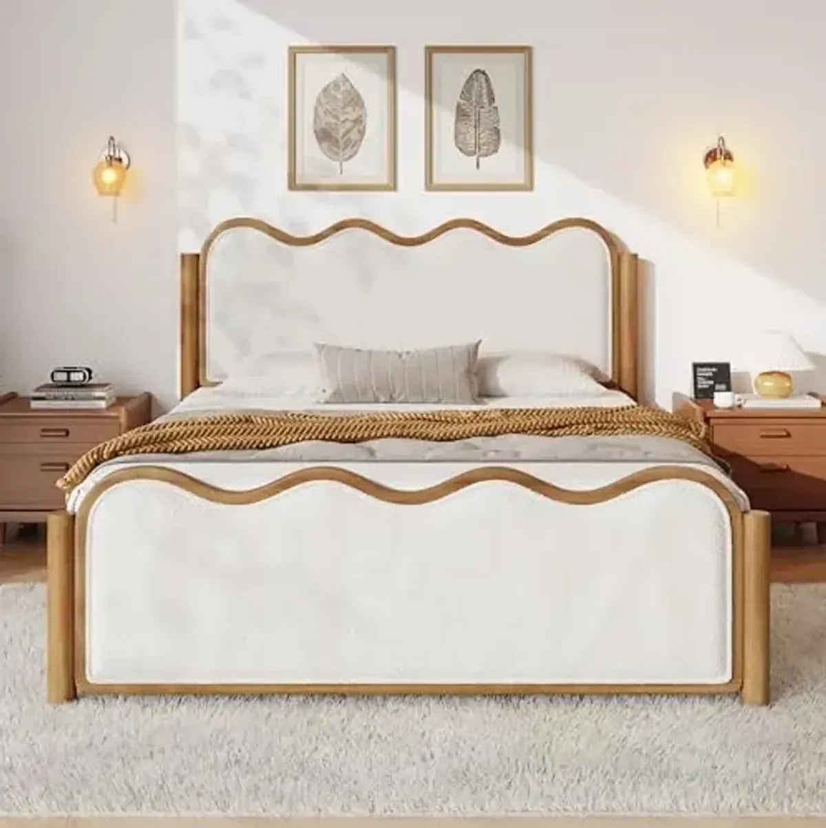 Christopher Knight Home Lucia Boucle Upholstered Queen Size Bed Frame with Headboard, Modern Queen Bed Frame and Headboard, Wooden Slats Support, Easy Assembly, No Box Spring Needed, Ivory+Walnut