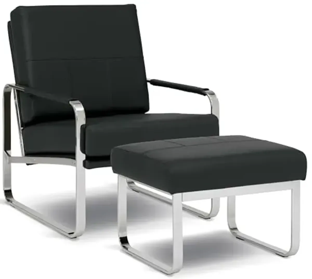 Studio Designs Home Allure Bonded Leather Accent Chair with Ottoman Set, Mid-Century Modern Lounge Chair & Footrest with Chrome Legs for Living Room or Office Guest Seating, Chrome/Black