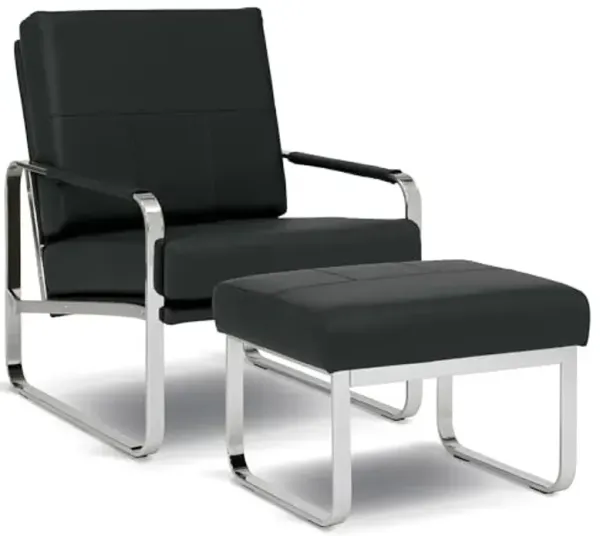 Studio Designs Home Allure Bonded Leather Accent Chair with Ottoman Set, Mid-Century Modern Lounge Chair & Footrest with Chrome Legs for Living Room or Office Guest Seating, Chrome/Black
