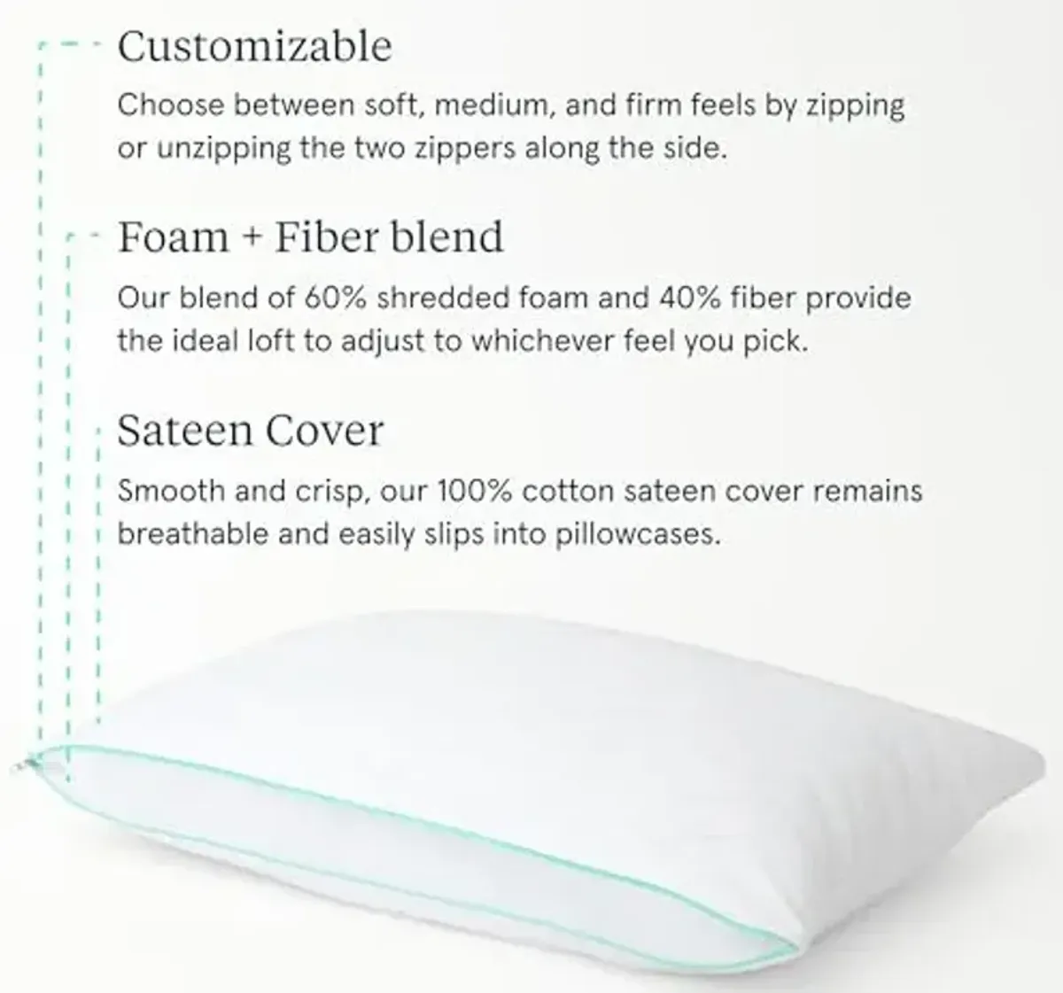 Tuft & Needle Zip Comfort Pillow – Queen Size – Adjustable Soft, Medium, or Firm Feel, Foam and Fiber Blend Fill with 100% Cotton Sateen Cover, Breathable & Supportive