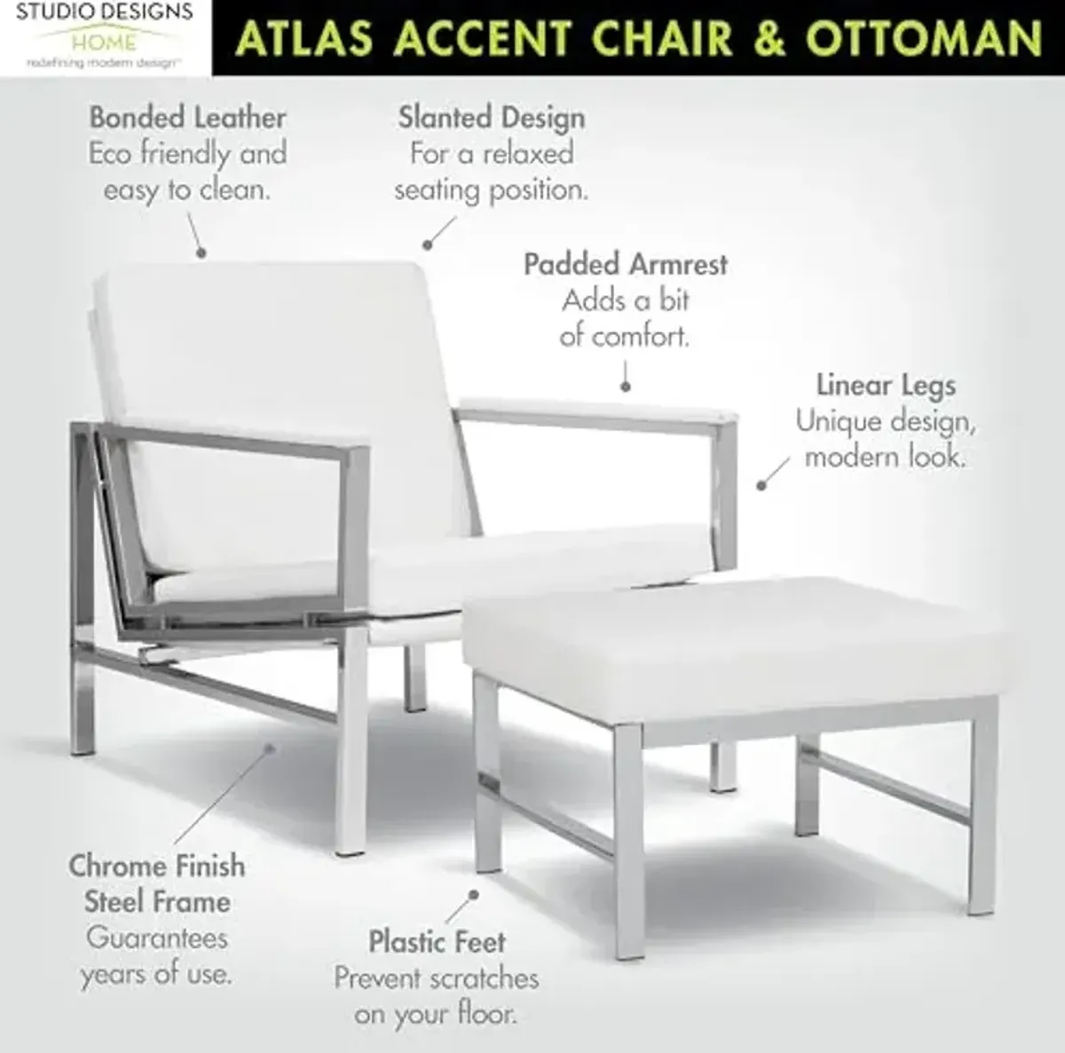 Studio Designs Home Atlas Bonded Leather Accent Chair with Ottoman Set, Mid-Century Modern Lounge Chair & Footrest with Chrome Legs for Living Room or Office Guest Seating, Chrome/White