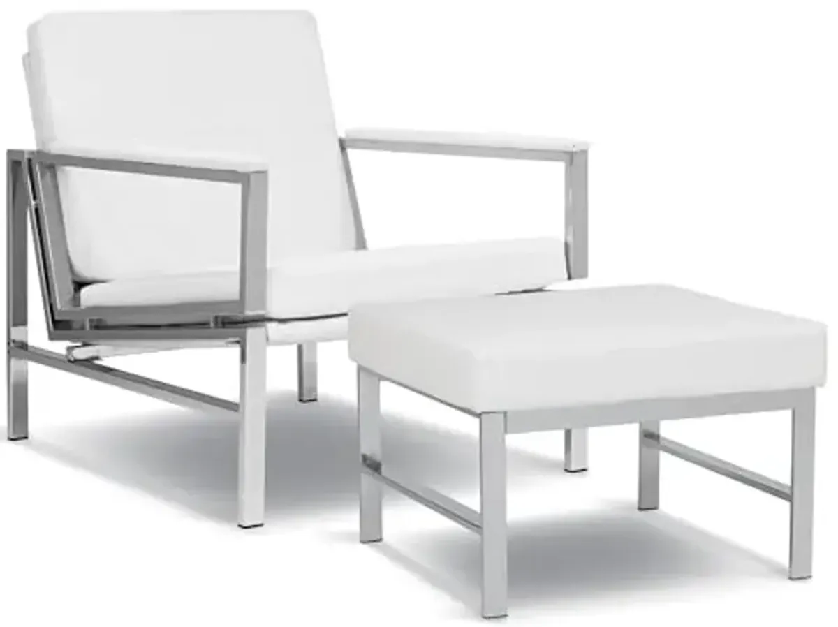 Studio Designs Home Atlas Bonded Leather Accent Chair with Ottoman Set, Mid-Century Modern Lounge Chair & Footrest with Chrome Legs for Living Room or Office Guest Seating, Chrome/White
