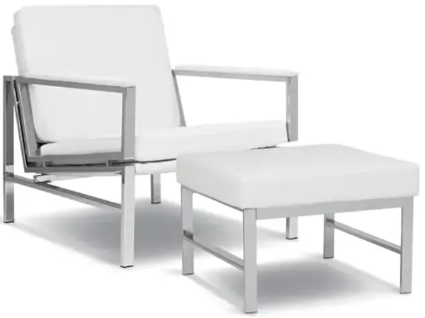 Studio Designs Home Atlas Bonded Leather Accent Chair with Ottoman Set, Mid-Century Modern Lounge Chair & Footrest with Chrome Legs for Living Room or Office Guest Seating, Chrome/White