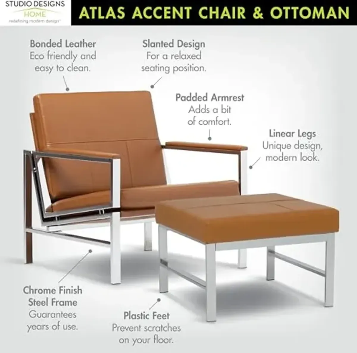 Studio Designs Home Atlas Bonded Leather Accent Chair with Ottoman Set, Mid-Century Modern Lounge Chair & Footrest with Chrome Legs for Living Room or Office Guest Seating, Chrome/Caramel