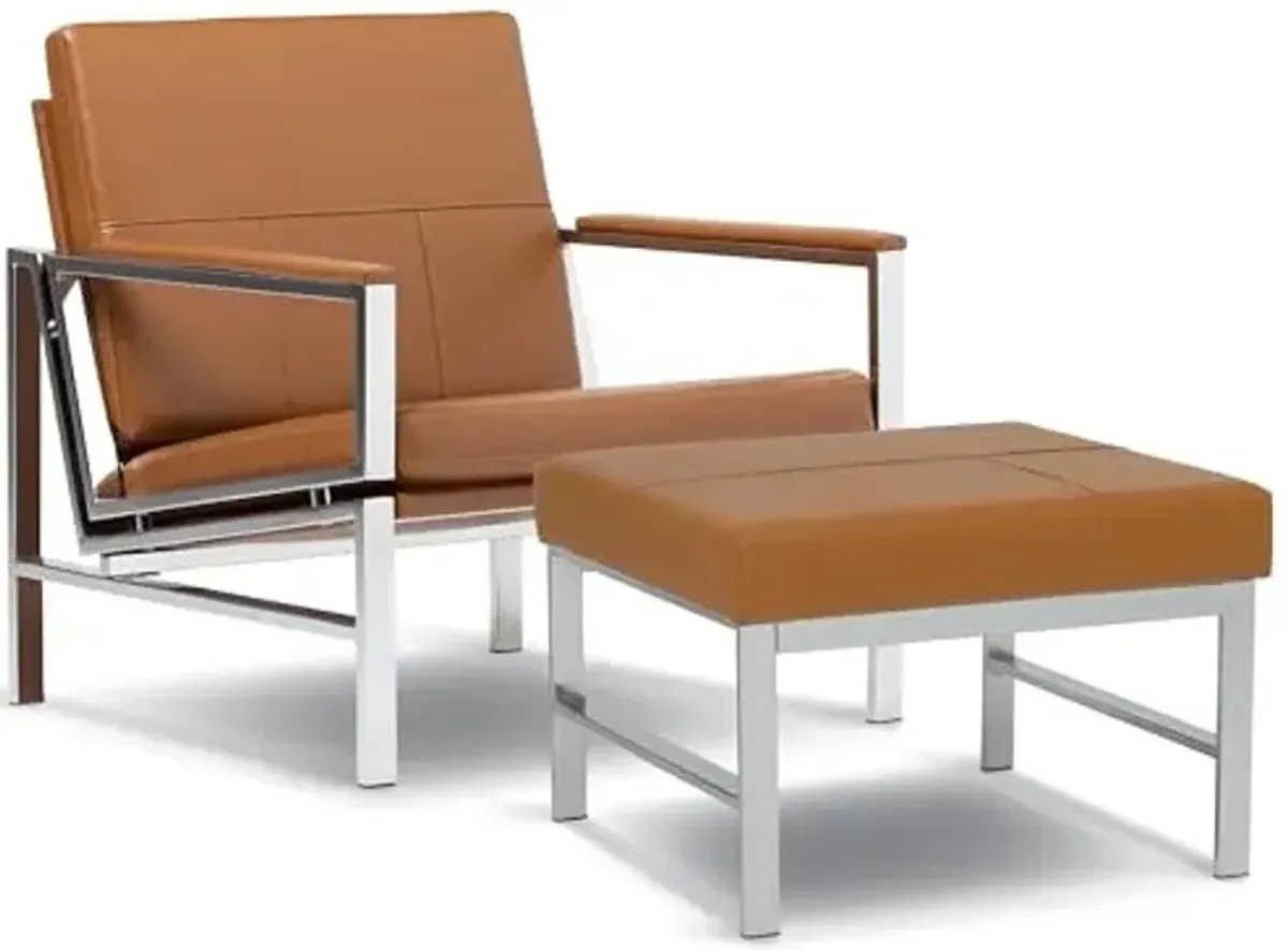 Studio Designs Home Atlas Bonded Leather Accent Chair with Ottoman Set, Mid-Century Modern Lounge Chair & Footrest with Chrome Legs for Living Room or Office Guest Seating, Chrome/Caramel