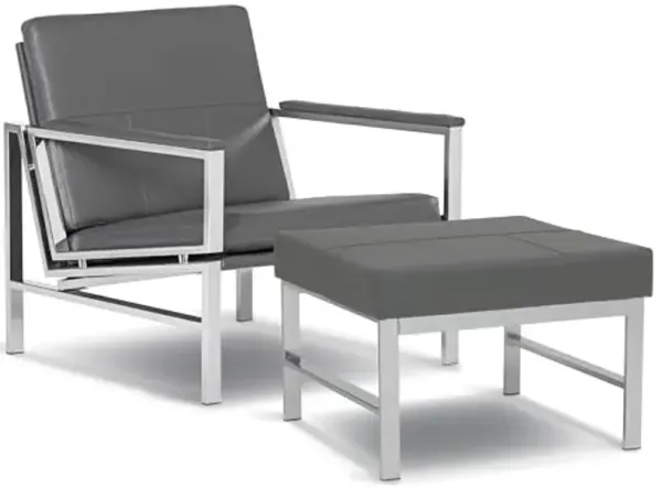 Studio Designs Home Atlas Bonded Leather Accent Chair with Ottoman Set, Mid-Century Modern Lounge Chair & Footrest with Chrome Legs for Living Room or Office Guest Seating, Chrome/Smoke