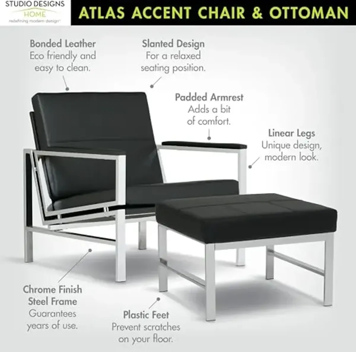 Studio Designs Home Atlas Bonded Leather Accent Chair with Ottoman Set, Mid-Century Modern Lounge Chair & Footrest with Chrome Legs for Living Room or Office Guest Seating, Chrome/Black