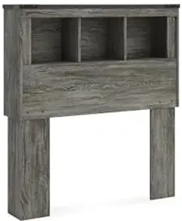 Signature Design by Ashley Frandern Mid-Century Modern Bookcase Headboard with Storage and Nailhead, Twin, Gray