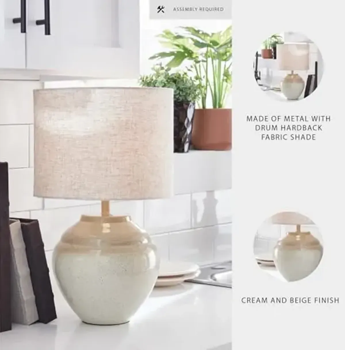 Signature Design by Ashley Waldish Rustic Table Lamp with Drum Shade, Beige