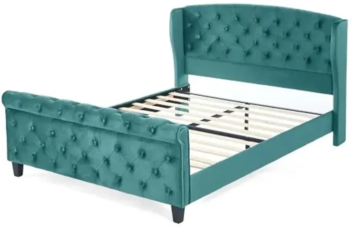 Christopher Knight Home Elley Velvet Upholstered Queen Size Bed Frame with Wingback Headboard, Modern Queen Bed Frame and Headboard, Wooden Slats, Easy Assembly, No Box Spring Needed, Turquoise Green