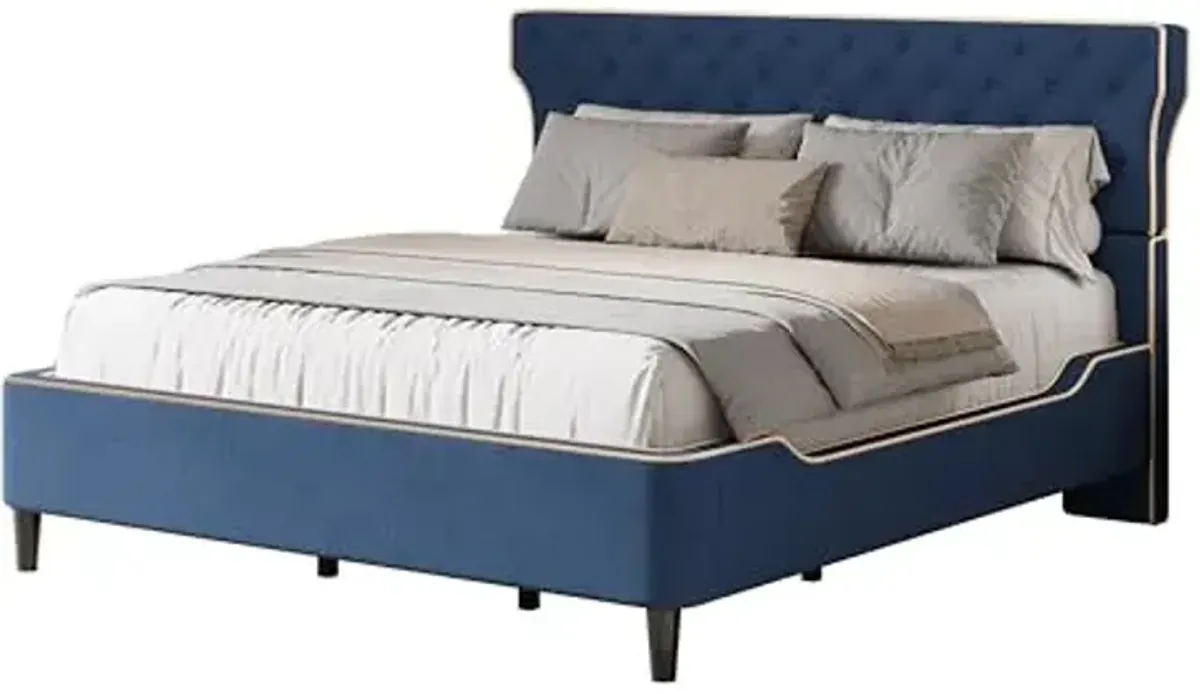 Christopher Knight Home Salus Linen Upholstered King Size Bed Frame with Headboard, Modern King Bed Frame and Headboard, Wooden Slats Support, Easy Assembly, No Box Spring Needed, Blue