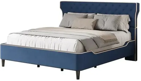 Christopher Knight Home Salus Linen Upholstered King Size Bed Frame with Headboard, Modern King Bed Frame and Headboard, Wooden Slats Support, Easy Assembly, No Box Spring Needed, Blue