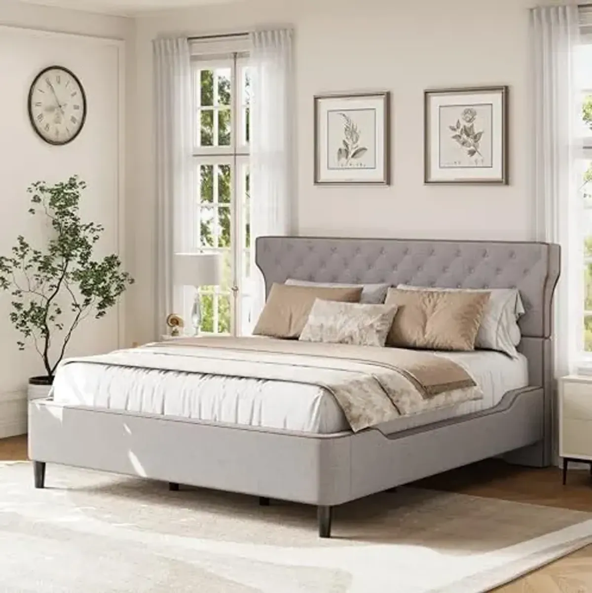 Christopher Knight Home Salus Linen Upholstered King Size Bed Frame with Headboard, Modern King Bed Frame and Headboard, Wooden Slats Support, Easy Assembly, No Box Spring Needed, Grey