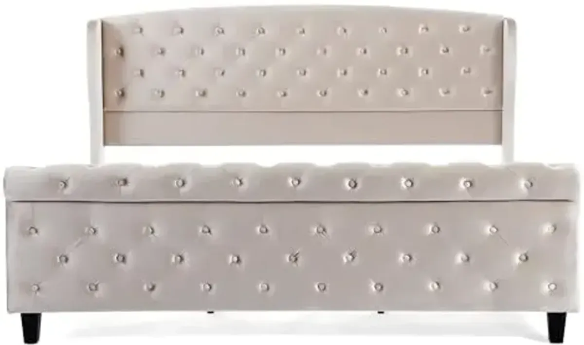 Christopher Knight Home Elley Velvet Upholstered King Size Bed Frame with Wingback Headboard, Modern King Bed Frame and Headboard, Wooden Slats Support, Easy Assembly, No Box Spring Needed, Beige