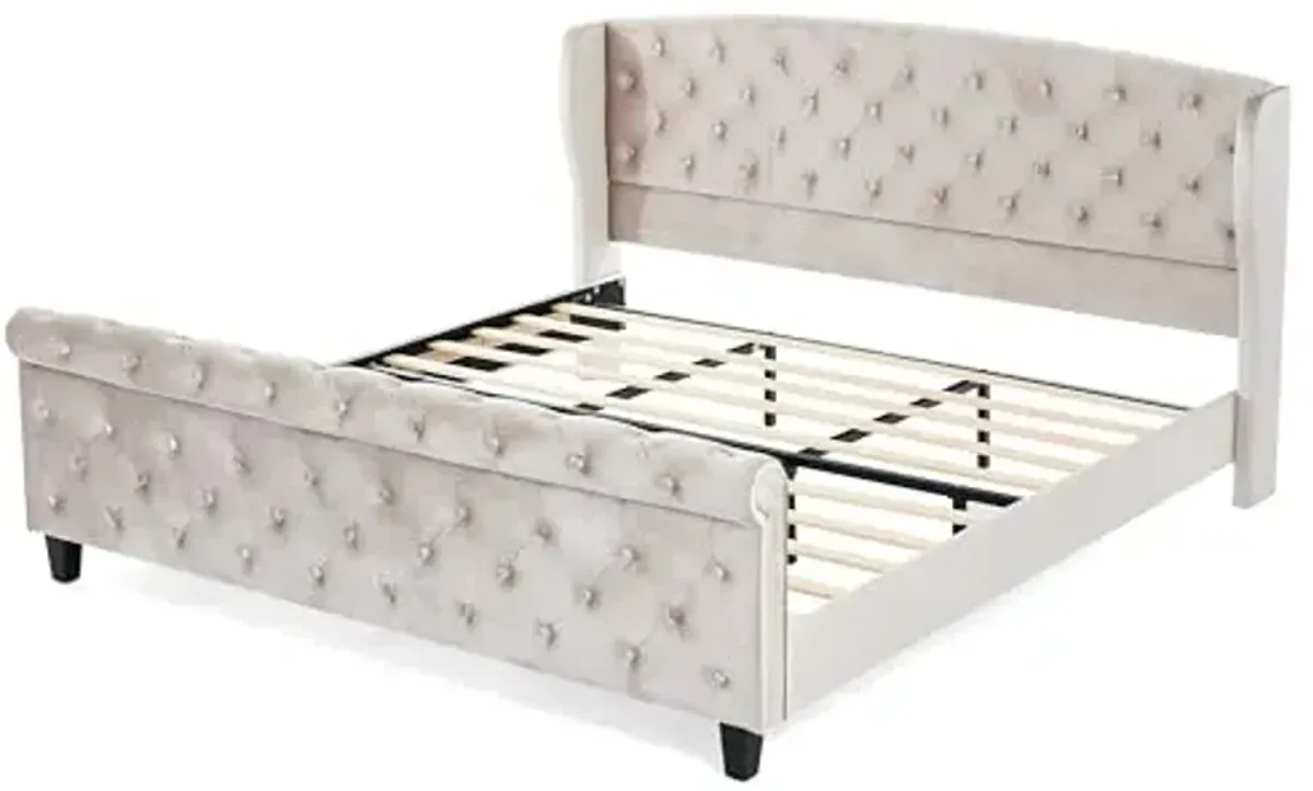 Christopher Knight Home Elley Velvet Upholstered King Size Bed Frame with Wingback Headboard, Modern King Bed Frame and Headboard, Wooden Slats Support, Easy Assembly, No Box Spring Needed, Beige