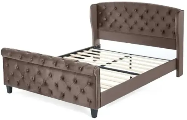 Christopher Knight Home Elley Velvet Upholstered Queen Size Bed Frame with Wingback Headboard, Modern Queen Bed Frame and Headboard, Wooden Slats Support, Easy Assembly, No Box Spring Needed, Brown