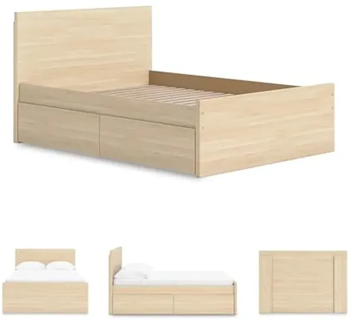 Signature Design by Ashley Onita Scandinavian 2-Drawer Full Panel Platform Bed with 1 Side Storage, Foundation or Box Spring Not Needed, Light Brown