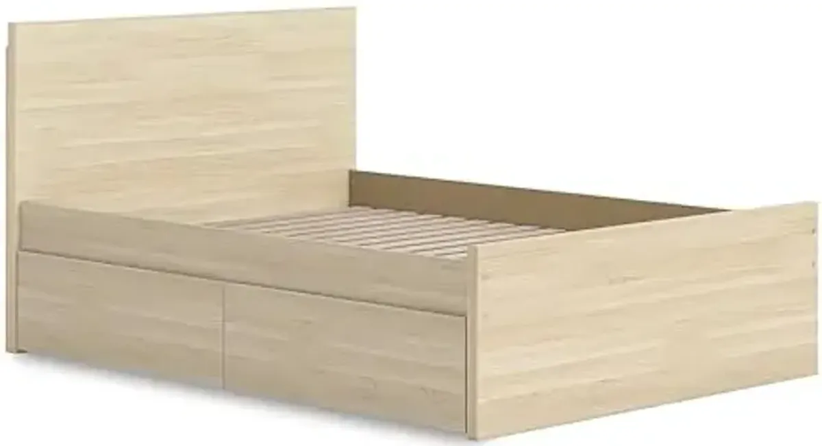 Signature Design by Ashley Onita Scandinavian 2-Drawer Full Panel Platform Bed with 1 Side Storage, Foundation or Box Spring Not Needed, Light Brown