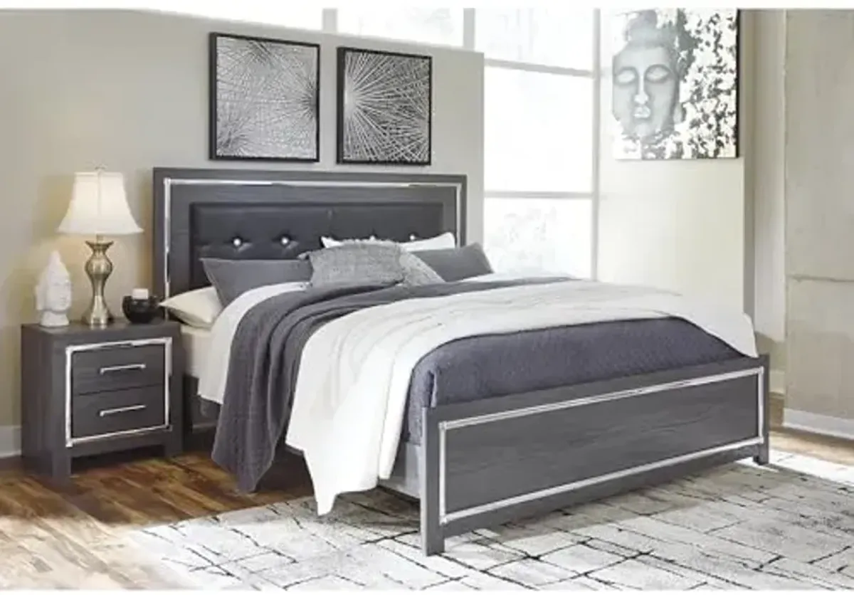 Signature Design by Ashley Lodanna Contemporary Faux Leather Upholstered Tufted King Panel Platform Bed with LED Lights, Foundation or Box Spring Not Needed, Gray