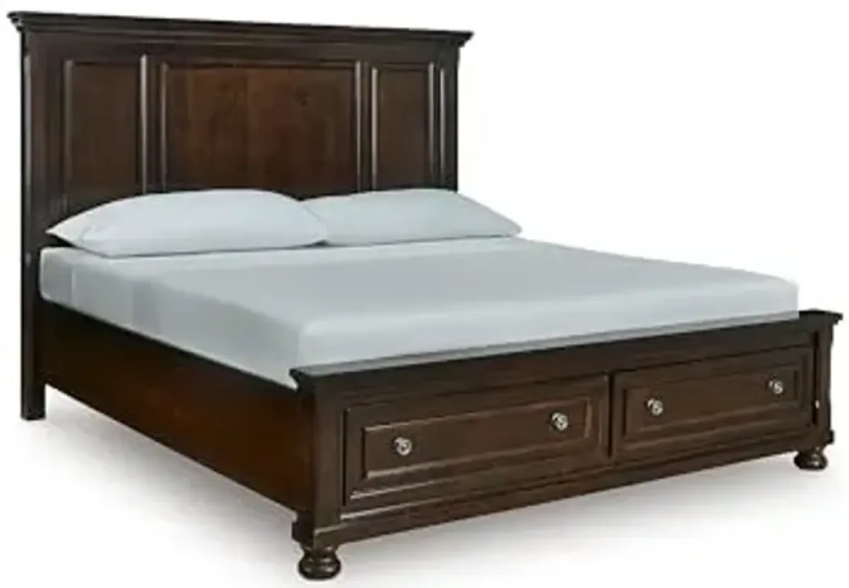 Signature Design by Ashley Porter Traditional 2-Drawer California King Panel Platform Storage Bed with Bun Feet, Foundation or Box Spring Not Needed, Dark Brown