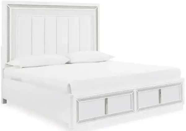 Signature Design by Ashley Chalanna Glam Faux Leather 2-Drawer King Upholstered Storage Bed with LED Lighting, Foundation or Box Spring Not Needed, White