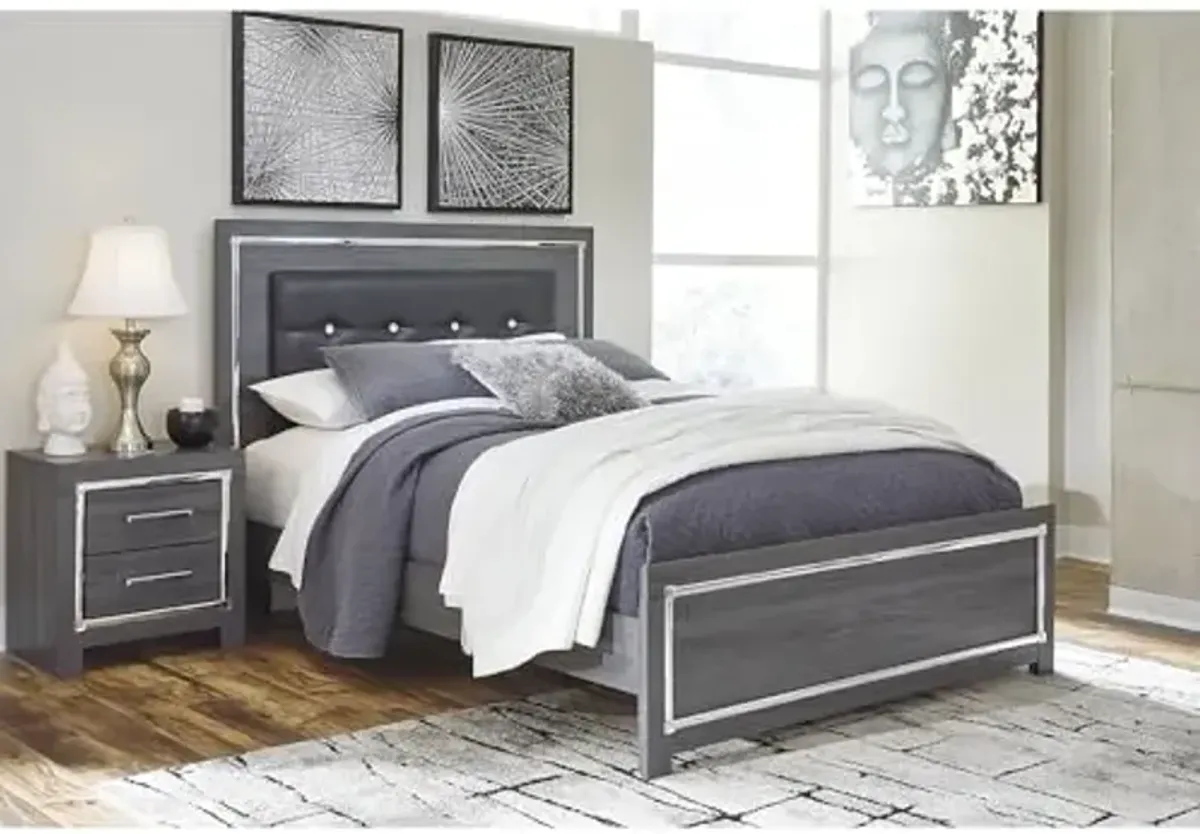 Signature Design by Ashley Lodanna Contemporary Faux Leather Upholstered Tufted Queen Panel Platform Bed with LED Lights, Foundation or Box Spring Not Needed, Gray