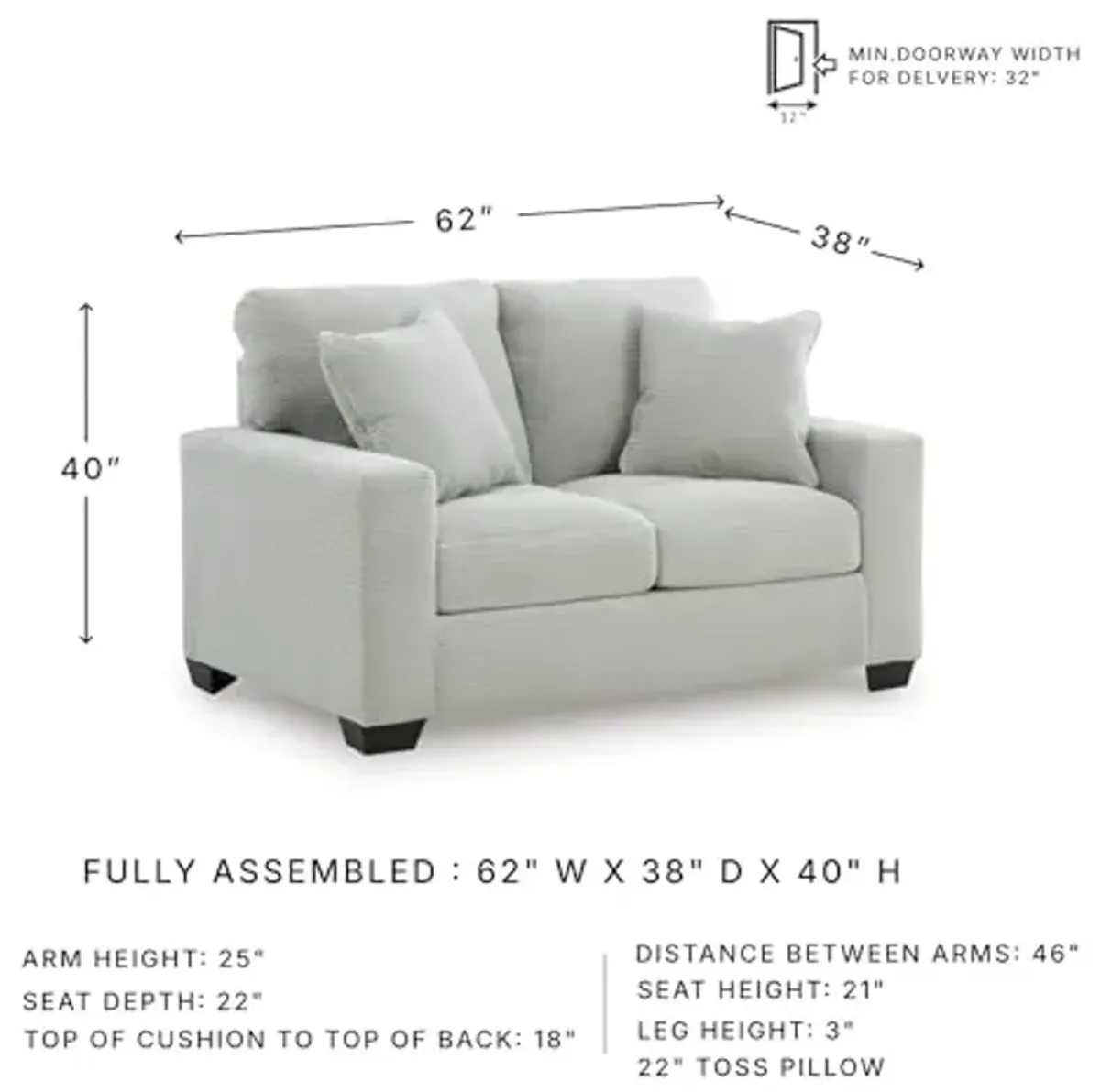 Signature Design by Ashley Ammon Casual Anti Sag Loveseat with Loose Seat Cushion and 2 Accent Pillows, Light Gray