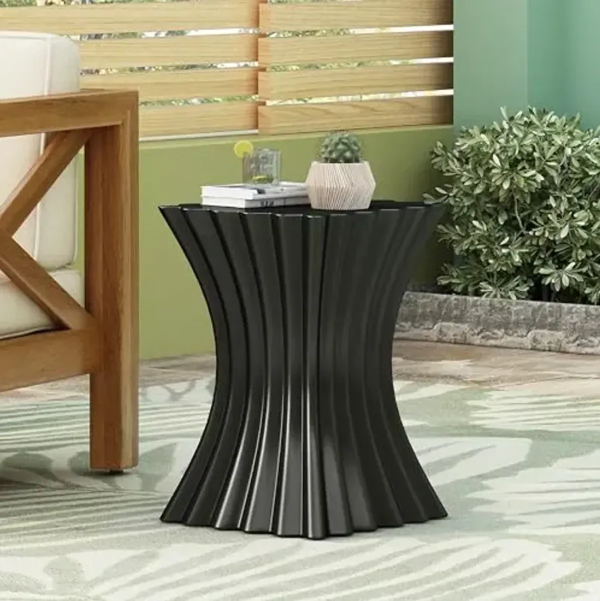 Christopher Knight Home Waven Lightweight Concrete Outdoor Side Table, Wave Design Sofa End Table for Living Room, MGO Patio Accent Table, Garden Stool or Plant Stand, Black