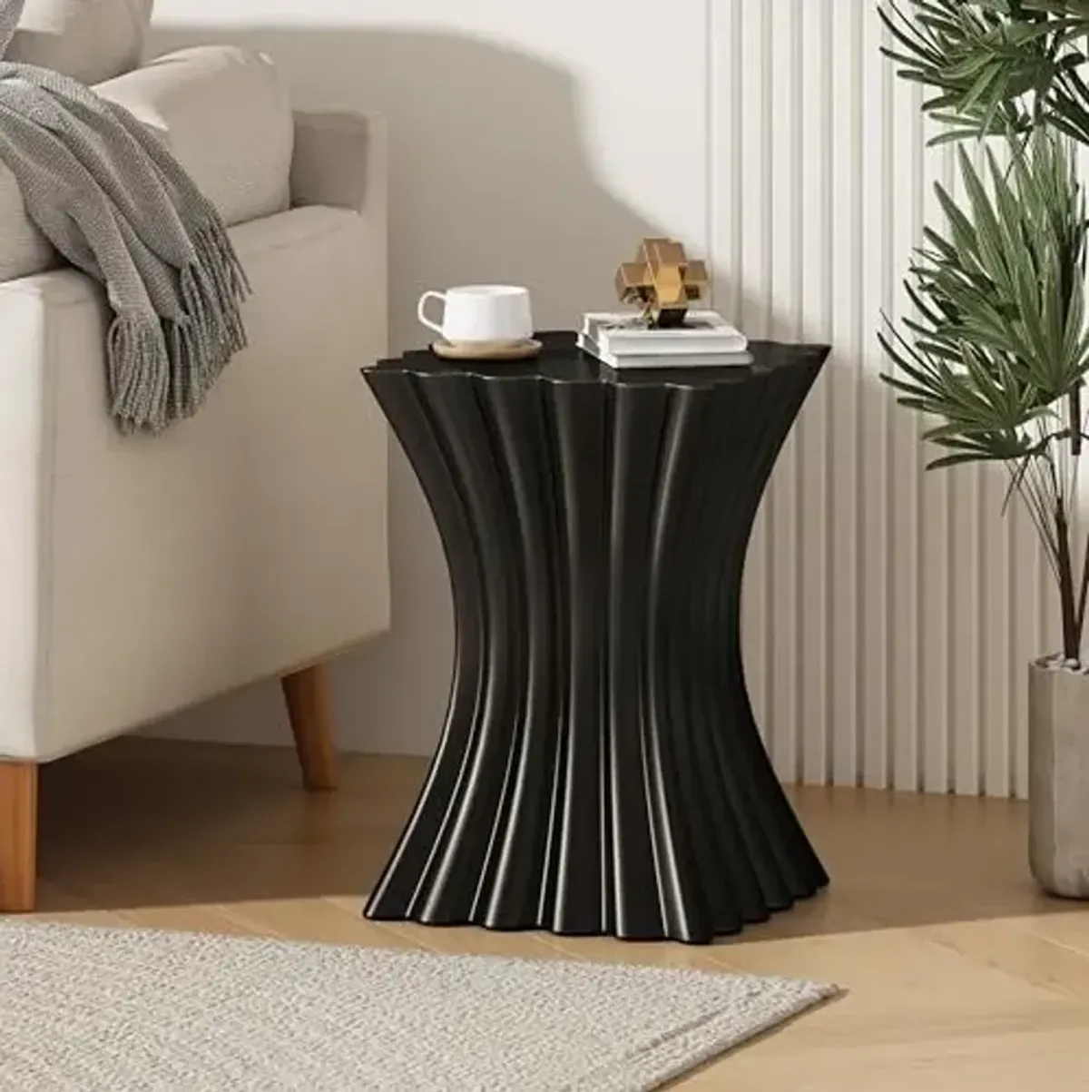 Christopher Knight Home Waven Lightweight Concrete Outdoor Side Table, Wave Design Sofa End Table for Living Room, MGO Patio Accent Table, Garden Stool or Plant Stand, Black