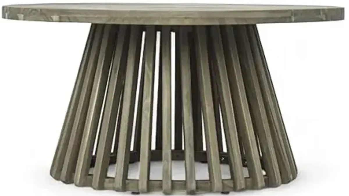 Christopher Knight Home Hakee Acacia Wood Patio Coffee Table, Round Table with Unique Wooden Base for Backyard, Balcony, Stylish Indoor/Outdoor Table, Easy Assembly, 31.5"x 31.5"x 16", Grey