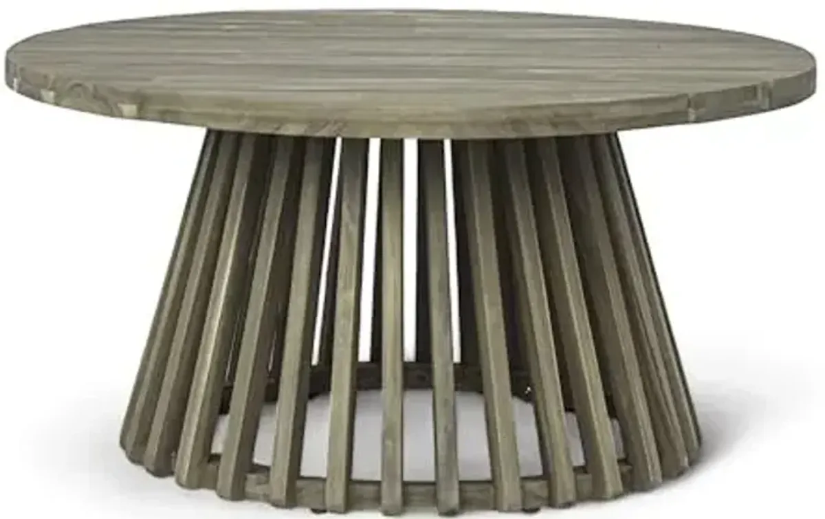 Christopher Knight Home Hakee Acacia Wood Patio Coffee Table, Round Table with Unique Wooden Base for Backyard, Balcony, Stylish Indoor/Outdoor Table, Easy Assembly, 31.5"x 31.5"x 16", Grey