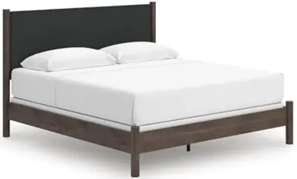 Signature Design by Ashley Cadmori Boho Chic Upholstered Panel Bed, Foundation or Box Spring Needed, King, Dark Brown