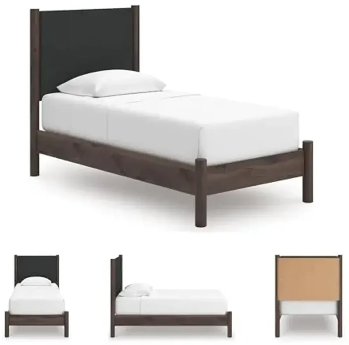 Signature Design by Ashley Cadmori Boho Chic Upholstered Panel Platform Bed, Foundation or Box Spring Not Needed, Twin, Dark Brown