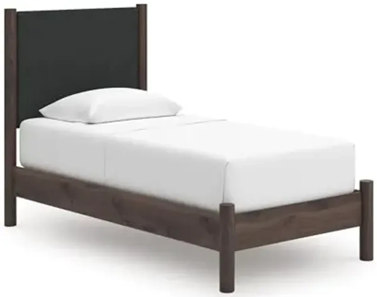 Signature Design by Ashley Cadmori Boho Chic Upholstered Panel Platform Bed, Foundation or Box Spring Not Needed, Twin, Dark Brown