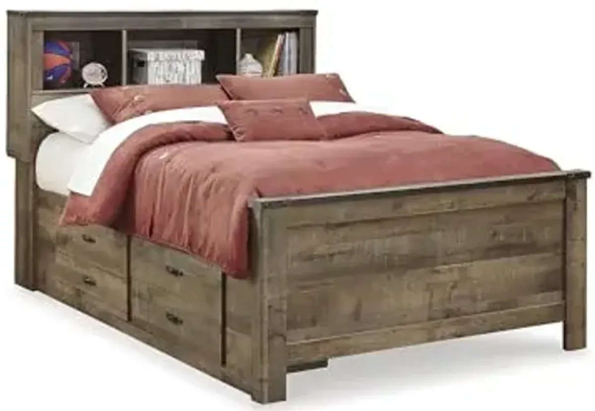 Signature Design by Ashley Trinell Country Rustic Bookcase Bed with 2-Sided Storage and Nailhead Accents, Foundation or Box Spring Not Needed, Full, Dark Brown