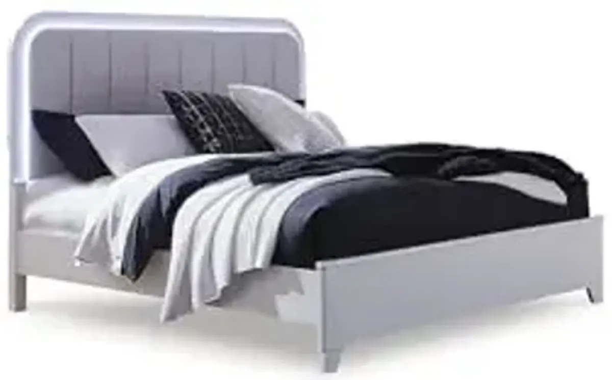 Signature Design by Ashley Frostlyn Modern Upholstered Panel Platform Bed with LED Lighting, Foundation or Box Spring Not Needed, Queen, White