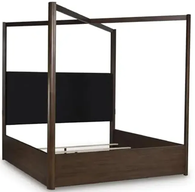 Signature Design by Ashley Kendamor Modern Canopy Bed with Upholstered Headboard and Nailhead Accents, Foundation or Box Spring Needed, Queen, Dark Brown