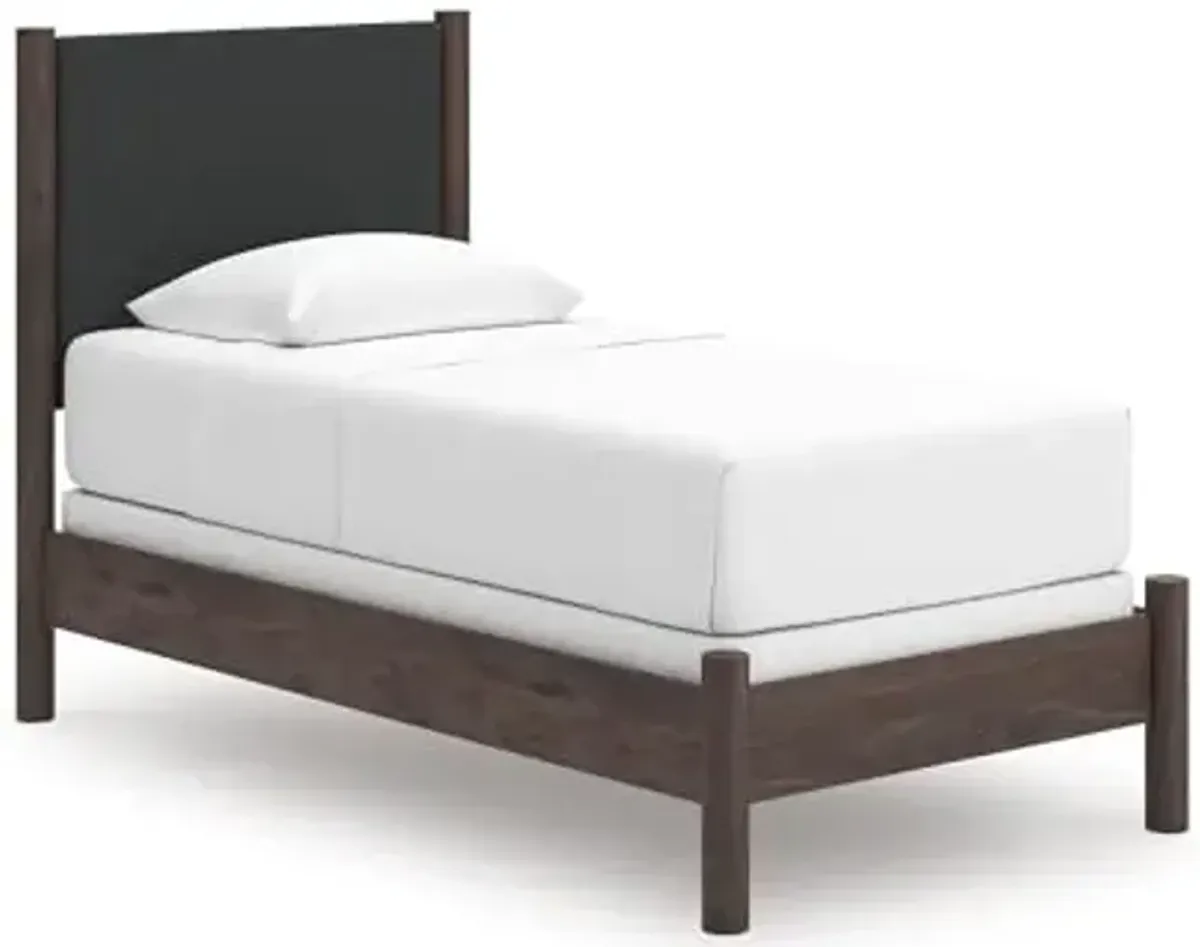 Signature Design by Ashley Cadmori Boho Chic Upholstered Panel Bed, Foundation or Box Spring Needed, Twin, Dark Brown