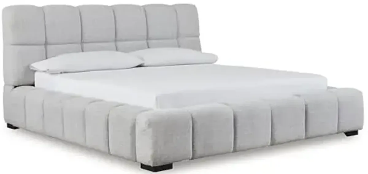 Signature Design by Ashley Jesstean Contemporary Upholstered Bed with Tufted Design, Foundation or Box Spring Not Needed, California King, Light Gray