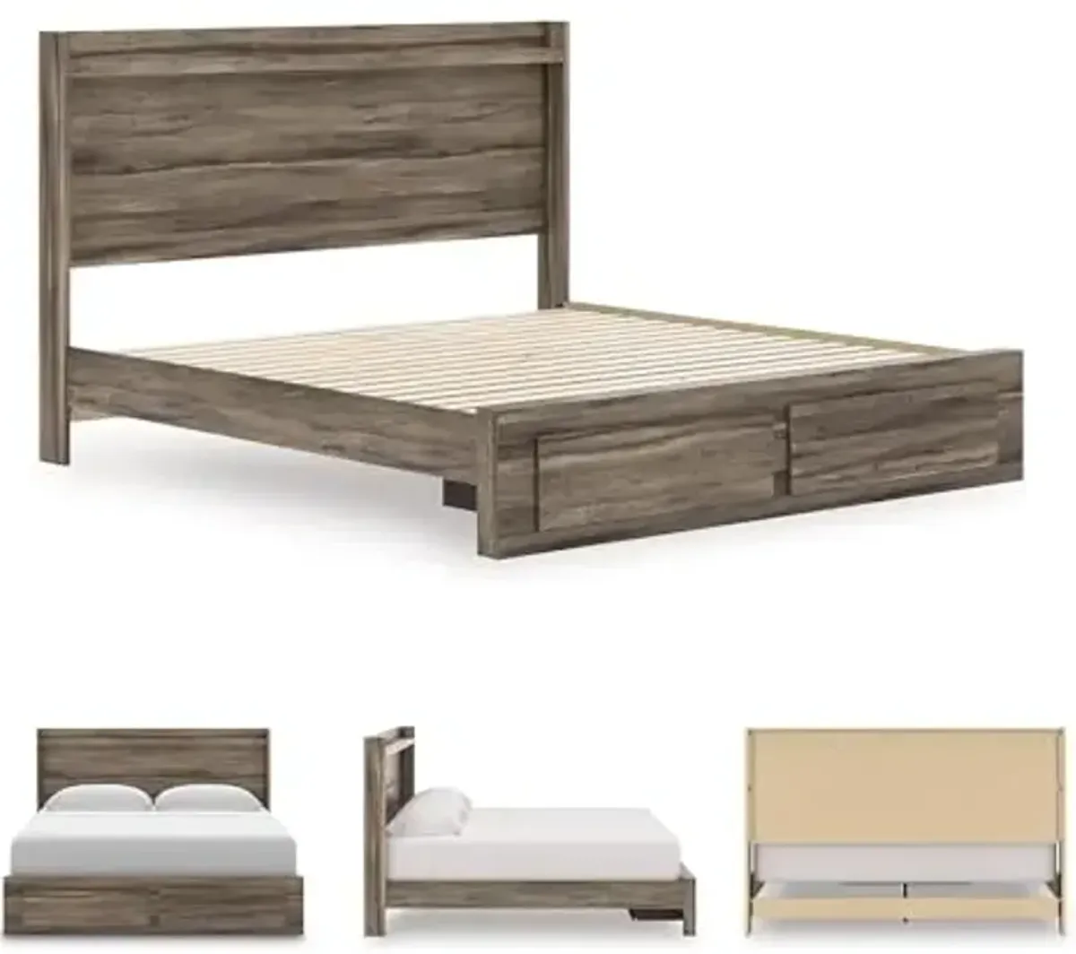 Signature Design by Ashley Baystorm Farmhouse Panel Storage Bed with LED Lighting, Foundation or Box Spring Not Needed, King, Gray