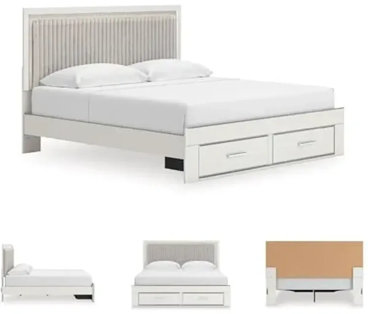 Signature Design by Ashley Birmonton Glam Upholstered Panel Storage Bed, Foundation or Box Spring Needed, King, White