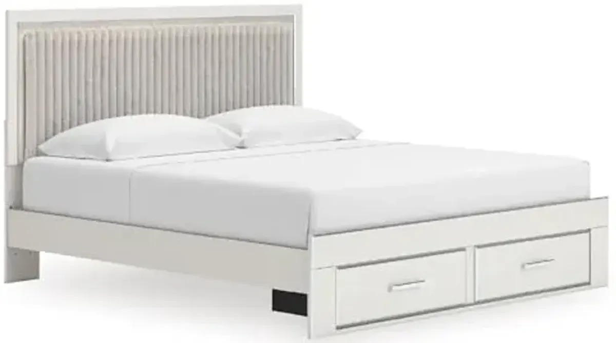 Signature Design by Ashley Birmonton Glam Upholstered Panel Storage Bed, Foundation or Box Spring Needed, King, White