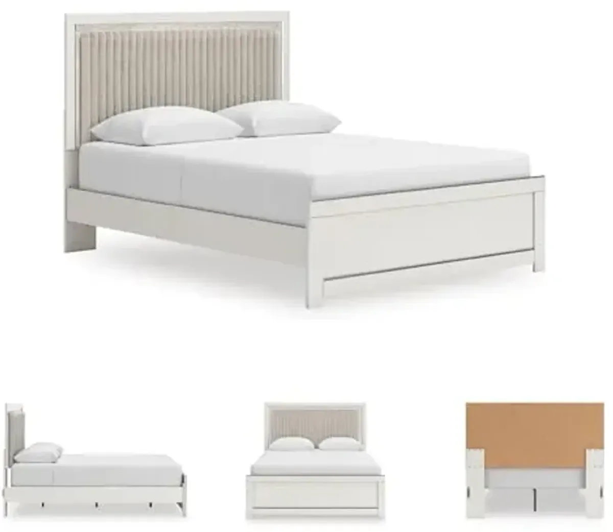 Signature Design by Ashley Birmonton Glam Upholstered Panel Platform Bed, Foundation or Box Spring Not Needed, Queen, White