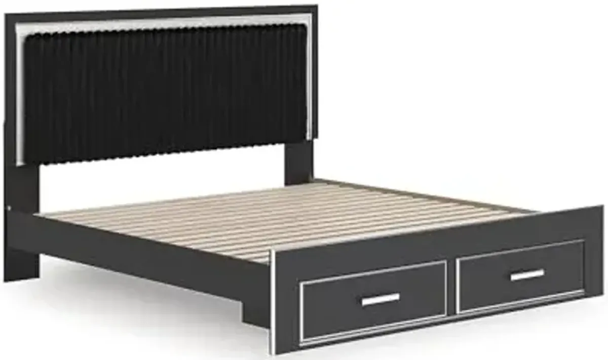 Signature Design by Ashley Birmonton Glam Upholstered Panel Storage Bed, Foundation or Box Spring Not Needed, King, Black