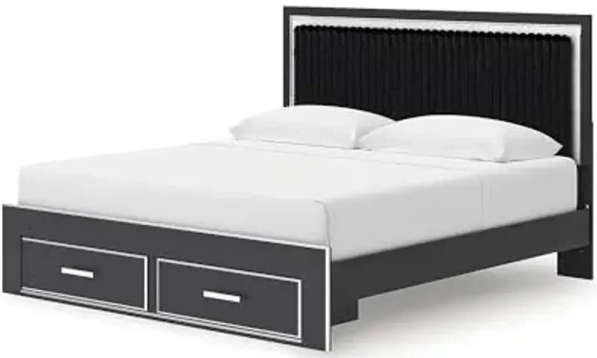 Signature Design by Ashley Birmonton Glam Upholstered Panel Storage Bed, Foundation or Box Spring Not Needed, King, Black